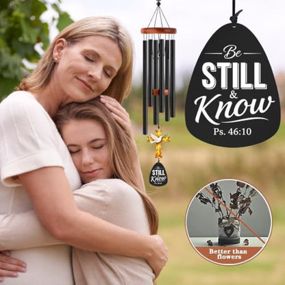 Christian Memorial Wind Chimes for Loss of Loved One - Remembrance Bereavement Gifts for Loss of Mother/Mom, Father/Dad - Be Still and Know - Religious Sympathy Wind Chimes with Cross Suncatcher 39"
