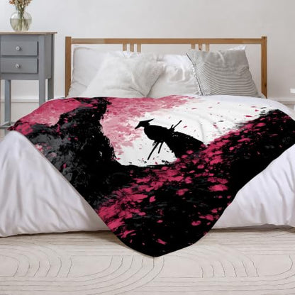 Japanese Cherry Blossom Throw Blanket, Flannel Blankets for Couch 50"×60" - color: Japanese Cherry Blossom Samurai