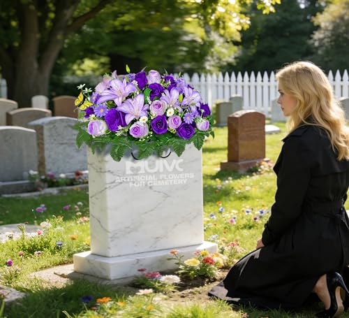 MUVIC Artificial Cemetery Flower for Grave,Headstone Flower Saddle -Purple Lily Rose Daisy, Easy Fit