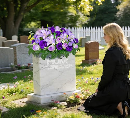 MUVIC Artificial Cemetery Flower for Grave,Headstone Flower Saddle -Purple Lily Rose Daisy, Easy Fit