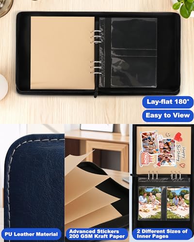 Leather Photo Album 4x6 200 Photos, DIY Scrapbook with 50 Sheets and 20 Blank Kraft Sheets, Travel Souvenir Diary Photo Book for Family Wedding Baby and Holiday Pictures - color: Blue