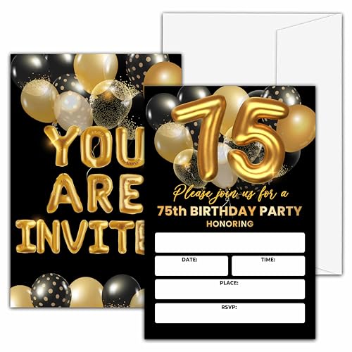 75th Birthday Invitations, Black and Gold Birthday Party Invitations, Gold Balloon Birthday Party Fill In Invitation Cards, Birthday Party Favor Supplies (20 Invites With 20 Envelopes) -75th - style: 75th
