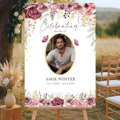 Personalized Celebration of Life Welcome Sign with Photo, Obituary Welcome Sign with Name and Date, Celebrating a Beautiful Life Butterfly Flower Tribute, Butterfly Flower Remembrance Decor, Custom Funeral Welcome Sign (Edition 3) - color: Edition 3