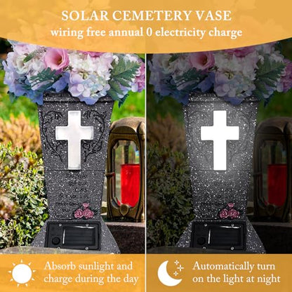 Solar Cemetery Vase with LED Cross Lamp Memorial Flower Holder - color: Square Cross