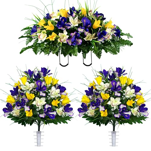 Artificial Cemetery Flowers - Grave Decoration - Yellow Tulips and Purple Iris (1) Headstone Saddle (2) Bouquets - color: Yellow/Purple, size: (1) Saddle (2) Bouquets