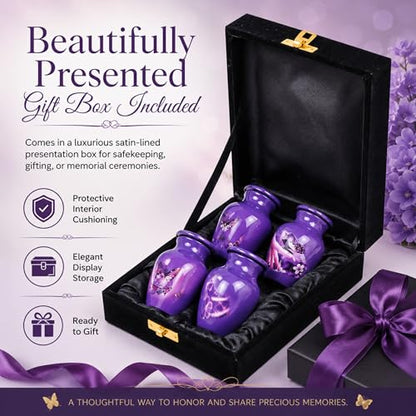 Keepsake Urns Small for Human Ashes Set of 4 | Mini Funeral Cremation Pot with Velvet Box | Cremated Remains Storage Container & Box