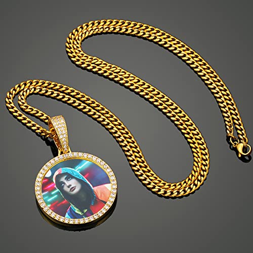 YIMERAIRE Customized Picture Necklace Personalized Circle Chain - color: 01 Circle Pendant Text(Gold)+Cuban Chain 0171