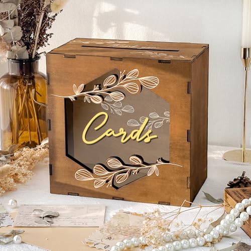 OurWarm Brown Wedding Card Box with Acrylic Window, Wooden Gift Card Box for Wedding Reception Decorations, Money Newly Named Box Decorations for Reception Party Birthday Rustic Wedding Decor - color: Brown