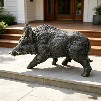 Wild Boar Statue, 21.26 in Dark Bronze-Tone Resin Garden Sculpture | Textured coat and visible tusks; low forward-moving pose for patios, lawns, woodland displays, hunters, and wildlife fans - color: Wild Boar