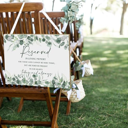 Sage Green Wedding Memorial Sign with Ribbon Leaf Eucalyptus Reserved Signs in Loving Memory of Love Ones Parents Celebrating Ceremony Memories Seat Sign from Heaven - style: Greenery Seat Sign