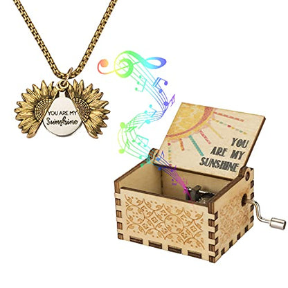 Music Box You are My Sunshine with Sunflower Necklace, Wooden Hand Cranked - style: You are My Sunshine B