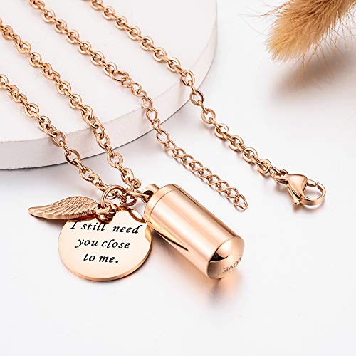 abooxiu Cylinder Urn Necklace for Ashes Cremation Jewelry/Keychain for human Pet Stainless Steel Memorial Keepsake Pendant with Angel Wing Charm Ashes - color: Rose Gold-s