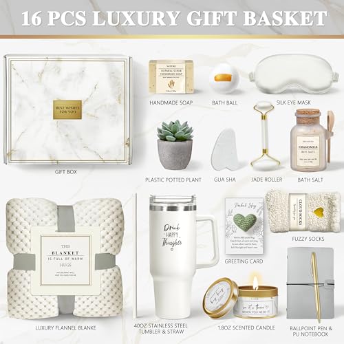 Self Care Gifts for Women, 16PC Get Well Soon Gift Baskets for Women After Surgery, Mothers Day Birthday Gifts Spa Care Package w/ Flannel Blanket, Sympathy Inspirational Thinking of You Gift Baskets - color: Beige