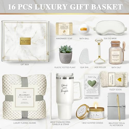 Self Care Gifts for Women, 16PC Get Well Soon Gift Baskets for Women After Surgery, Mothers Day Birthday Gifts Spa Care Package w/ Flannel Blanket, Sympathy Inspirational Thinking of You Gift Baskets - color: Beige