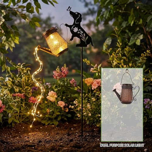 Solar Watering Can Light Dog Stake 37in Garden Waterfall LED Outdoor Art - color: Dog Watering Can
