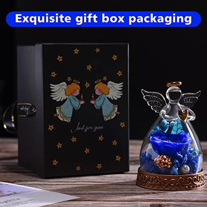 Preserved Real Rose in Glass Angel Figurine with LED Light, Angel Gifts for Women, Mom, Grandma on Mother's Day Christmas Birthday (Navy) - color: Navy Blue