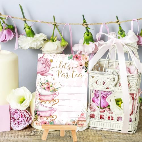Whaline 25 Packs Tea Party Invitations 5 x 7 Inch Floral Fill-In Invitation Cards with Envelopes Stickers Sweet Dessert Blank Invites for Party Tea Time Birthday Supplies - style: Tea Party