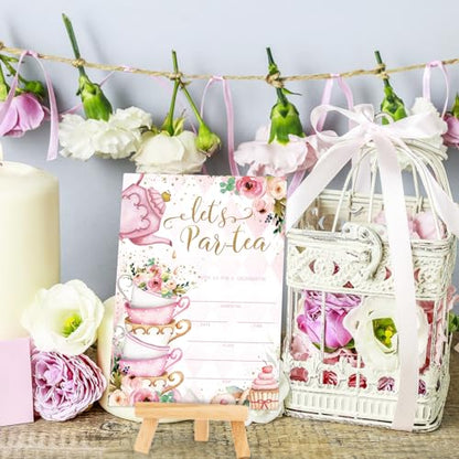 Whaline 25 Packs Tea Party Invitations 5 x 7 Inch Floral Fill-In Invitation Cards with Envelopes Stickers Sweet Dessert Blank Invites for Party Tea Time Birthday Supplies - style: Tea Party