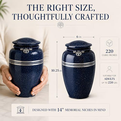 Blue Urn for Human Ashes Adult 220 lbs Metal Cremation Urns Men & Women | Tree of Life & Butterfly Charm, Speckled Navy Blue Color, Solid Metal Build, Threaded Lid, Velvet Bag, For Male & Female - color: Blue