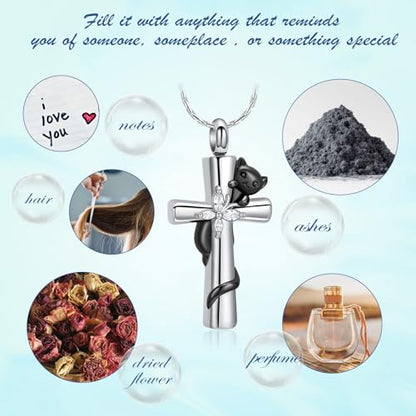 Cross Urn Necklaces for Men Women Cat Butterfly Cremation Jewelry for Ashes Stainless Steel Pet Memorial Ashes Pendant Keepsakes Jewelry - color: Black