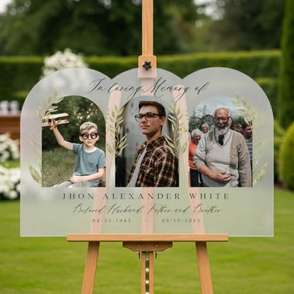 SPEEDYORDERS In Loving Memory Funeral Sign with Photo - Personalized Arched Funeral Welcome Sign With 3 Photos - Celebration Of Life Decorations (Acrylic)