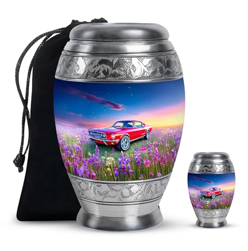 Car Burial Urn for Ashes Adult Male and Female - Blue for Husband and Wife - Funeral Cremation Urns for Ashes for Women - Purple Urn for Man and Woman 1 Large and 1 Keepsake 10 Inch & 3 Inch - color: Car-1, size: combo-1