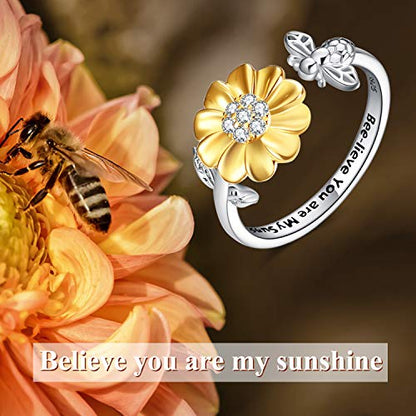 ONEFINITY Bee-Live You are My Sunshine Sterling Silver Sunflower Rings with Bee/Ladybug Open Adjustable Ring for Women