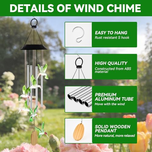 Solar Wind Chimes for Outside Color Changing Light, Green Hummingbird - color: Green Hummingbird