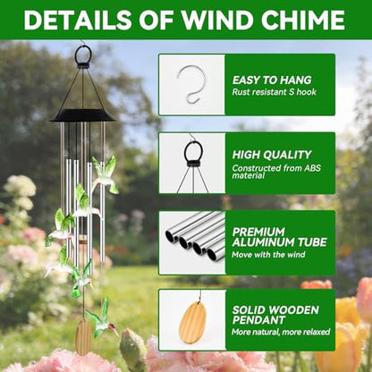 Solar Wind Chimes for Outside Color Changing Light, Green Hummingbird - color: Green Hummingbird