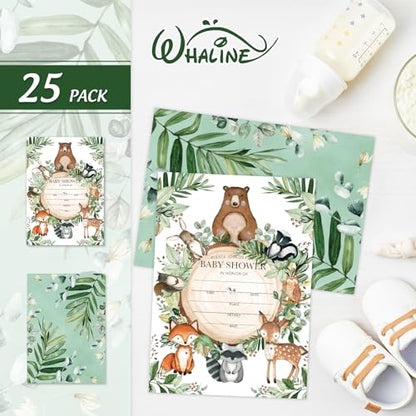 Whaline 25 Sets Woodland Baby Shower Party Invitations with Envelope Stickers Watercolor Forest Animal Greenery Invitation Cards Blank Invites for Baby Shower Birthday Party Supplies, 5 x 7 Inch - style: Woodland animals