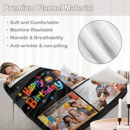 D-Story Custom Happy Birthday Blanket with Picture Personalized Photo Blanket Customized Fleece Blankets and Throws for Adult Kid Funny Birthday Gifts for Family - color: Birthday