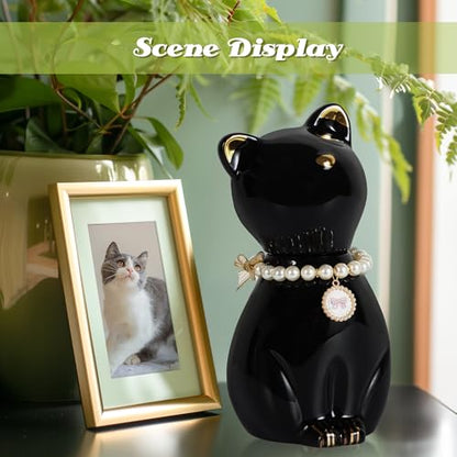 Cat Urns for Ashes, Elegant Ceramics Pets Cremation Keepsake | Funerary Urns Black Pet Urn for Cats Memorial Box with Personalized Necklace (15lbs)