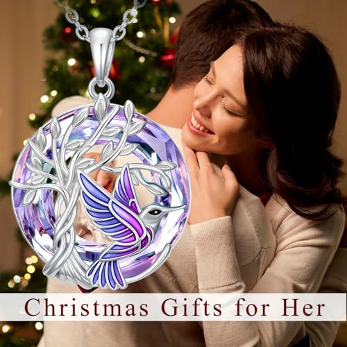 TOUPOP Butterfly Necklace for Women 925 Sterling Silver Tree of Life Butterflies Dragonfly Hummingbird Pendant Necklaces Crystal Jewelry Anniversary Christmas Birthday Gift for Her - color: Hummingbird Purple