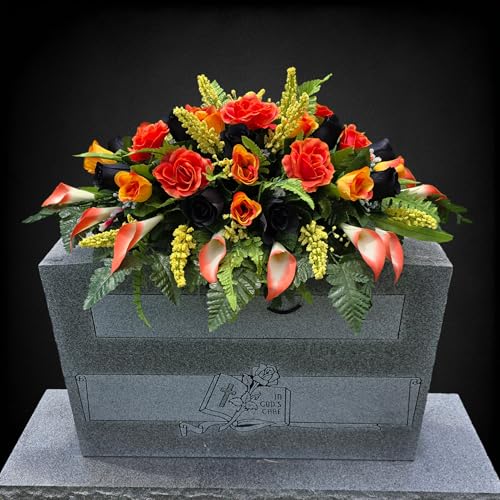 Headstone Saddle and Cemetery Cone Set with Orange and Black Rose Flowers for Halloween, Fall, and Motorcycle Biker Memorial Decoration