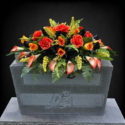 Headstone Saddle and Cemetery Cone Set with Orange and Black Rose Flowers for Halloween, Fall, and Motorcycle Biker Memorial Decoration