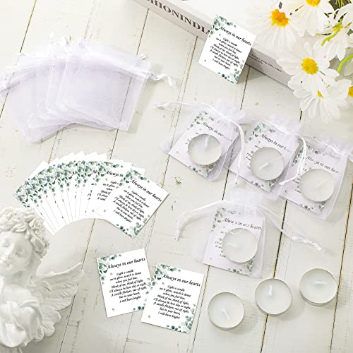 50 Set Funeral Party Favors Memorial White Candles Unscented Funeral Gifts Tealight Candles with Condolence Bereavement Cards and Organza Bags for Guest Celebration of Life Decorations (Artsy) - style: Artsy