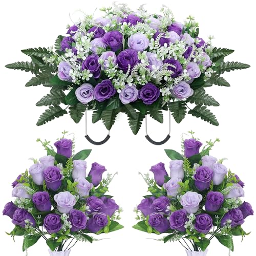 3pcs Headstone Flowers Saddle for Tombstone,Cemetery Flower Memorial Bouquet with Vase,Rose Headstone Flowers Saddle (Purple) - color: Purple