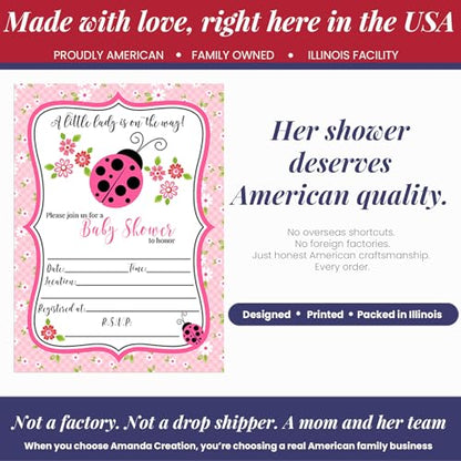 Amanda Creation Ladybug Baby Shower Invitations, 20 Fill-In 5x7 Love Bug Baby Shower Invitation Double-Sided Pink Ladybug Theme Invite Cards with White Envelopes - style: Pink Ladybug