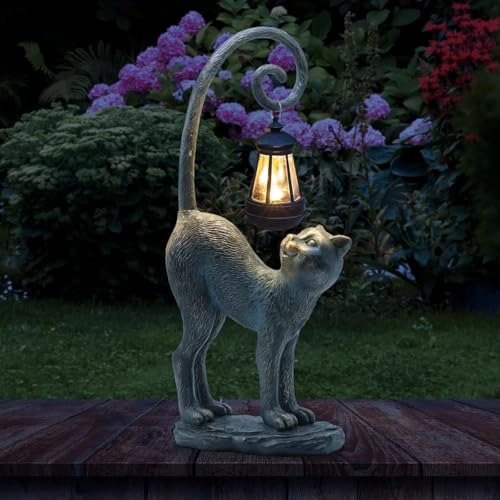 Halloween Decorations Gifts Outdoor Cat Garden Statues with Solar Lights, Home Decor Cat Figurines for Lawn,Patio,Balcony,Porch,Yard Art Ornament- Birthday Gifts for Women Grandma Sister - style: Bronze Cat