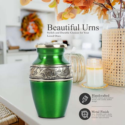 Mini Brass Keepsake Urn for Human Ashes – Handcrafted Green Metal Memorial Urn with Silver Engraved Band – 3 Cubic Inch Small Funeral Cremation Urn for Adult or Pet Ashes with Velvet Bag & Gift Box - size: Green