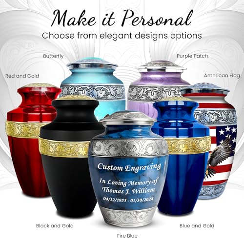 Set of 6 Custom Engraved Cremation Urns for Human Ashes Includes 1 Large Urn with 4 Small Keepsakes & 1 Silver Necklace - Fire Blue - color: Fire Blue Custom Urn Set