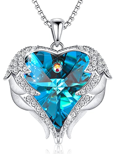 CDE Angel Wings Heart Birthstone Pendant Necklace Gift for Women | Silver/Gold Tone,Ideal Birthday & Anniversary Jewelry Gift for Wife,Girlfriend,Her - color: White-12b-Dec-Blue Zircon Birthstone