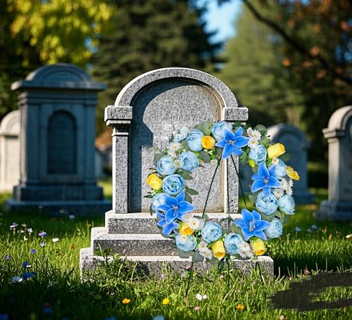 Artificial Cemetery Wreath for Grave, 24" Blue Memorial FWreath with 30" Easeal Stand, Peony Lily Rose Daisy for Gravesites Decoration