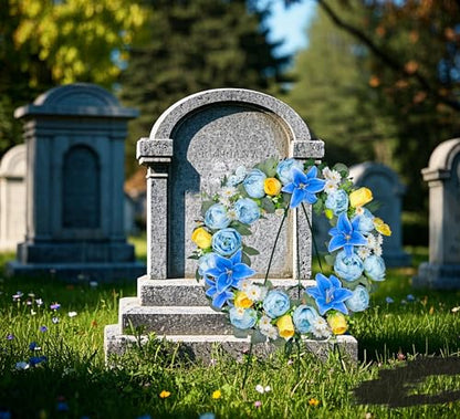 Artificial Cemetery Wreath for Grave, 24" Blue Memorial FWreath with 30" Easeal Stand, Peony Lily Rose Daisy for Gravesites Decoration