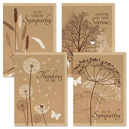 Current Kraft Sympathy Cards with Envelopes- Set of 8 Assortment (4 Designs), Large 5" x 7", Condolences Cards, Sentiments Inside, White Envelopes - color: Kraft