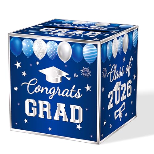 Blue Graduation Congrats Card Box, Class of 2026 Navy Blue Silver Graduation Party Decorations Money Card Boxes Holder, Graduation Gift Card Box for Grad Parties Supplies 8.7 x 8.7 x 8.7 Inch - color: Blue Silver