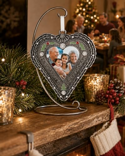 Memorial Christmas Ornament with Photo – in Our Hearts at Christmas Sympathy Ornament with Angel Wings, Holly & Berry Accents – Personalized Remembrance Gift for Loss of Loved One – 3.5" Heart