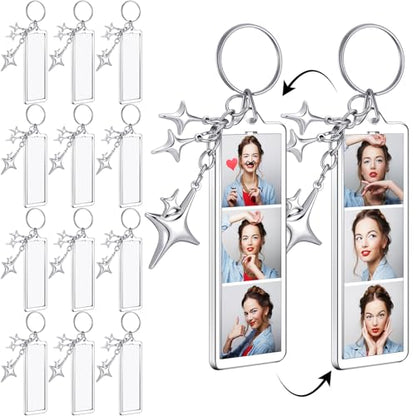MTLEE 12 Pcs Mini Photo Strip Keychain Frame 1x3 Inch Acrylic Photo Booth Keychain Double Sided Keyring Blank DIY Custom Gift - style: Four Pointed Star Clasp