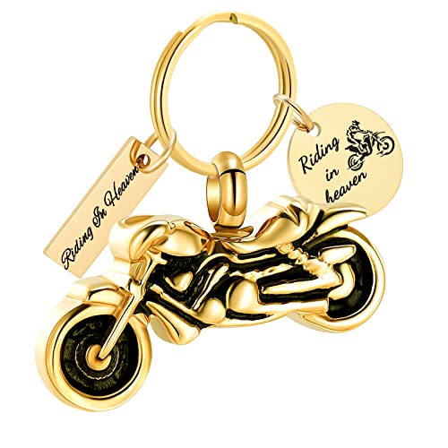 Yinplsmemory Cremation Jewelry Motorcycle Urn Keychain for Ashes Keepsake Urn Key Ring for Human/Pet Ashes Holder - color: Gold