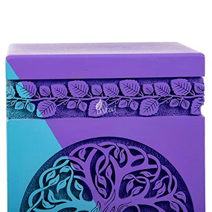 Wooden Urn for Human Ashes, 640 Cu in, XX-Large, Blue & Purple | Hand-carved wood, blue and purple, screw-locked sliding base, engraving available, holds two adults, to 640 lb combined - color: Blue & Purple, size: XL - 14Hx7.5W (640 Cu/In)